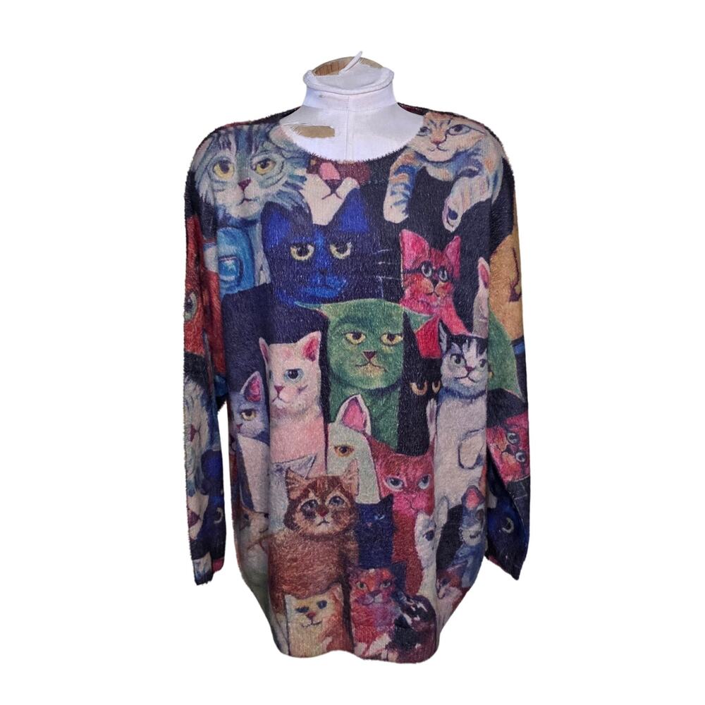 Women's Multicolor Long Sleeve Cats Wool Blend Sweater